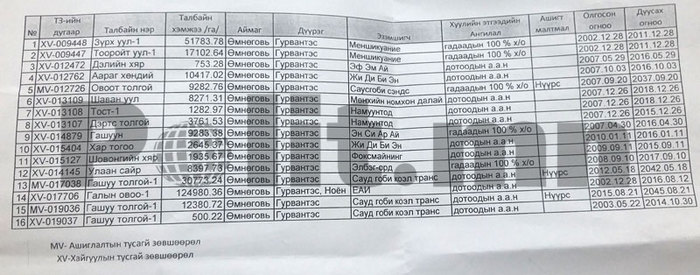 Тосон бумбын нуруунд 2045 он хүртэл лиценз авсан компаниудын нэрс