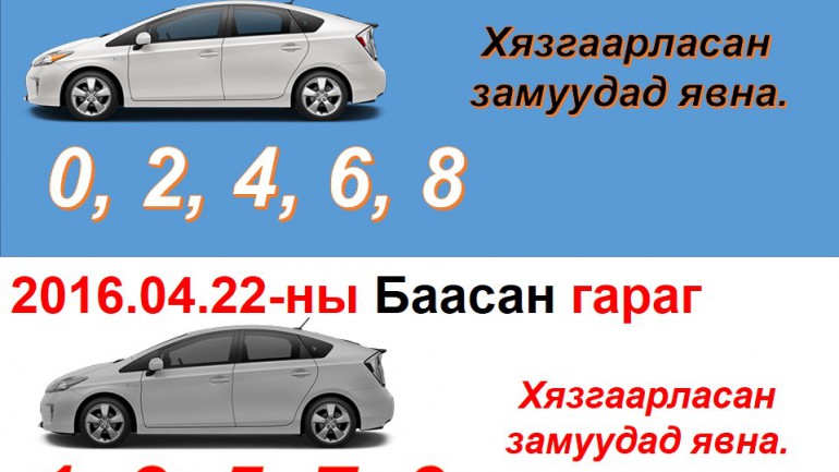 Энэ сарын 21,22нд дугаарыг тэгш сондгойгоор хязгаарлан  замын хөдөлгөөнд оролцуулна