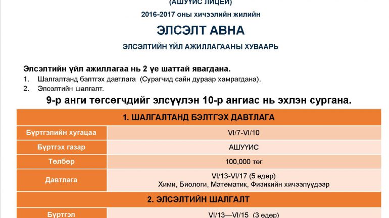 АНАГААХЫН ЛИЦЕЙ СУРГУУЛЬ ЭЛСЭЛТЭЭ АВЧ ЭХЭЛЛЭЭ